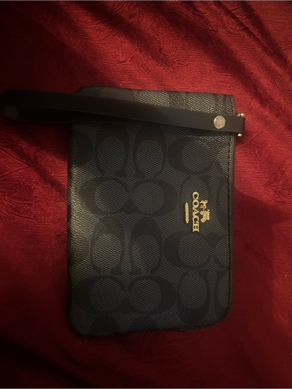 Black Coach Large Corner Zip Wristlet, with Gold Logo